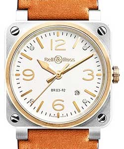BR03-92 Bicolor in Steel with Rose Gold Bezel on Gold Calfskin Leather Strap with Oplain Dial