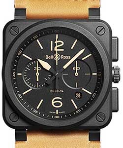 BR03-94 Chronograph Heritage in Black Ceramic on Tan Leather Strap with Black Dial