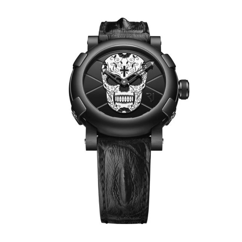 Dia De Los Muertos in Ceramic and PVD with Stainless Steel on Black Rubber Strap with White Skulled Adorn Dial