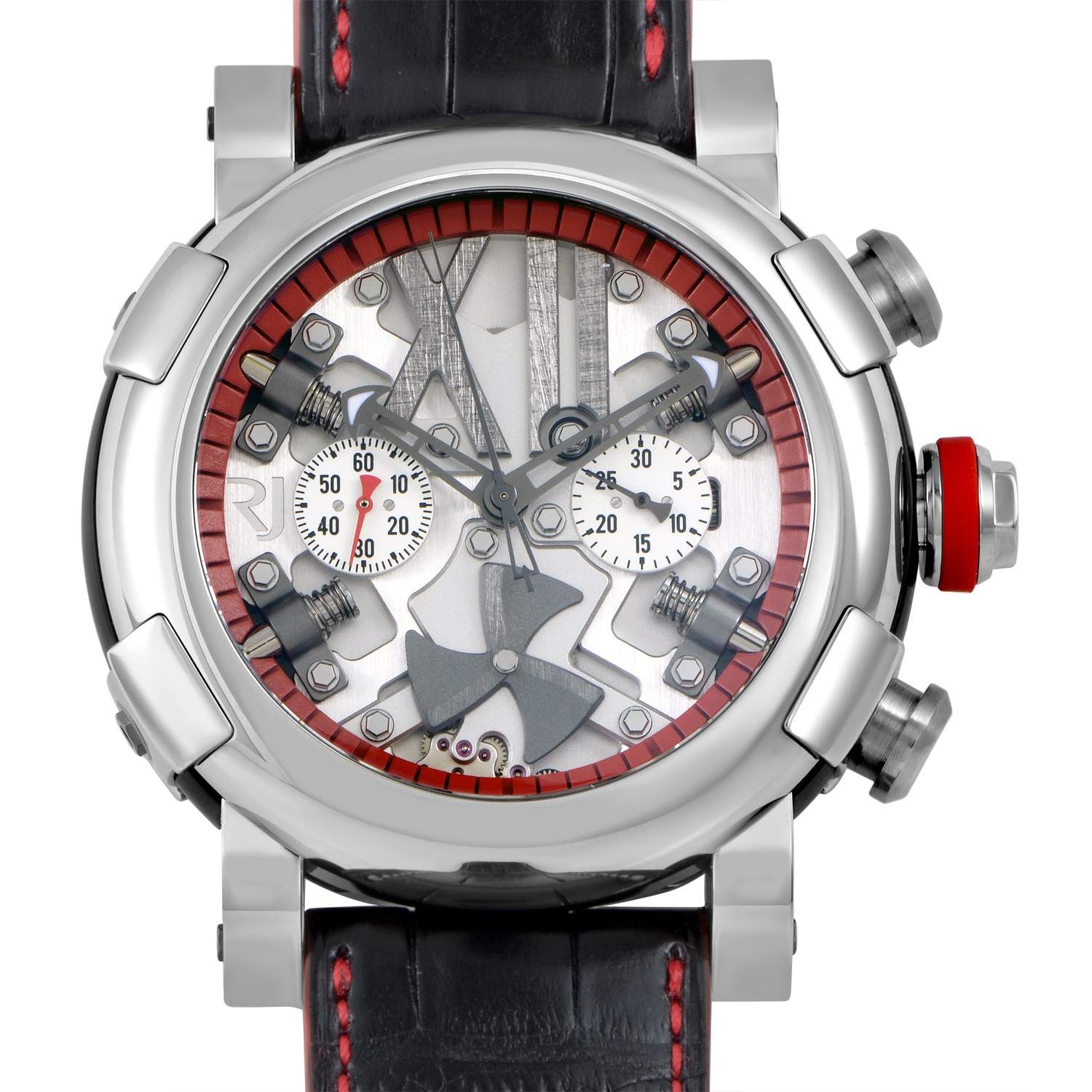 Steampunk Chronograph Red 50mm Automatic in Stainless Steel on Black Crocodile Leather Strap with Skeleton Dial