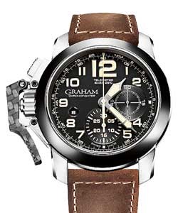 Chronofighter Oversize in Steel with Black Ceramic Bezel on Brown Calfskin Leather Strap with Black Dial
