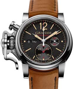 Chronofighter Vintage Oversize 44mm in Steel On Camel Leather Strap with Balck Grained Dial