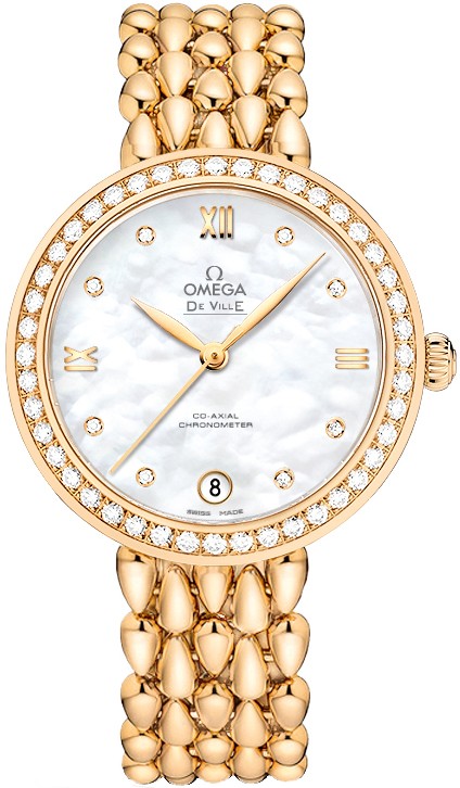 Omega DeVille Prestige 32.7mm in Yellow Gold with Diamond Bezel on Yellow Gold Braclet with White MOP Dial