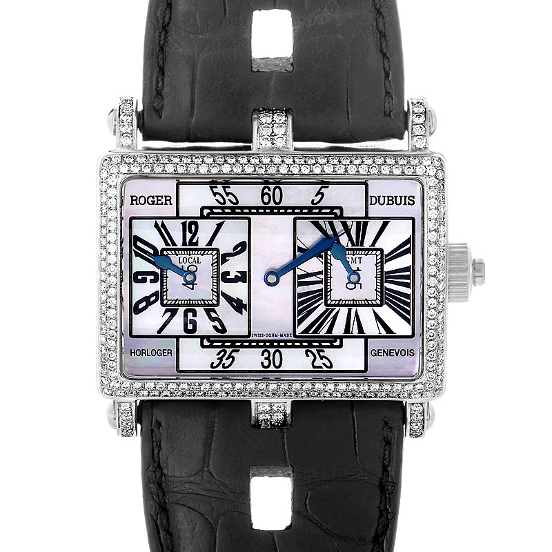 Too Much GMT Bi-Retro in White Gold with Diamond Bezel on Black Crocodile Leather Strap with Mother of Pearl Dial