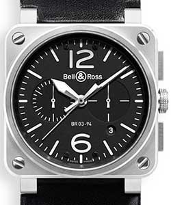 BR03-94 Chronograph in Steel on Black Calfskin Leather Strap with Black Dial
