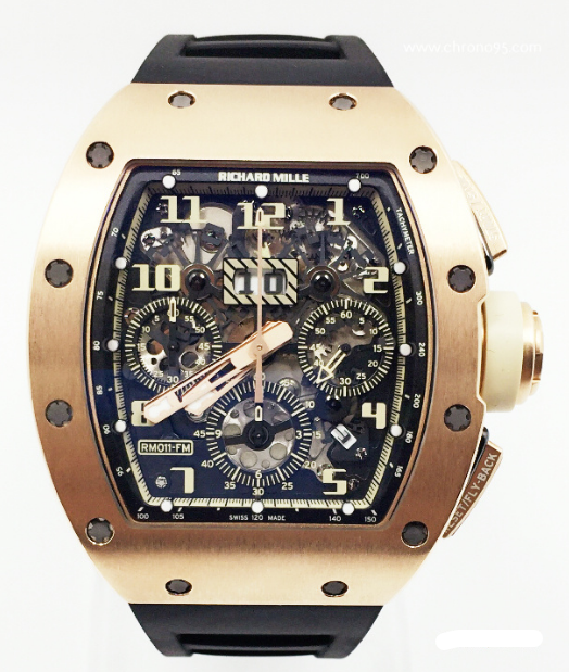 RM 011 Ivory Flyback Chronograph in Rose Gold on Black Rubber Strap with Ivory Skeleton Dial