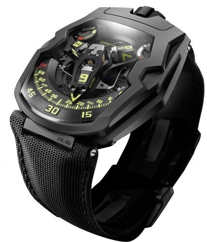UR-UR-210Y in Black Steel  on Black Fabric Strap with Skeleton Dial