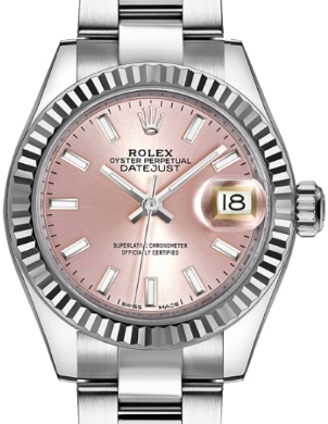 Datejust 28mm Automatic in Steel with White Gold Fluted Bezel on Oyster Bracelet with Pink Stick Dial