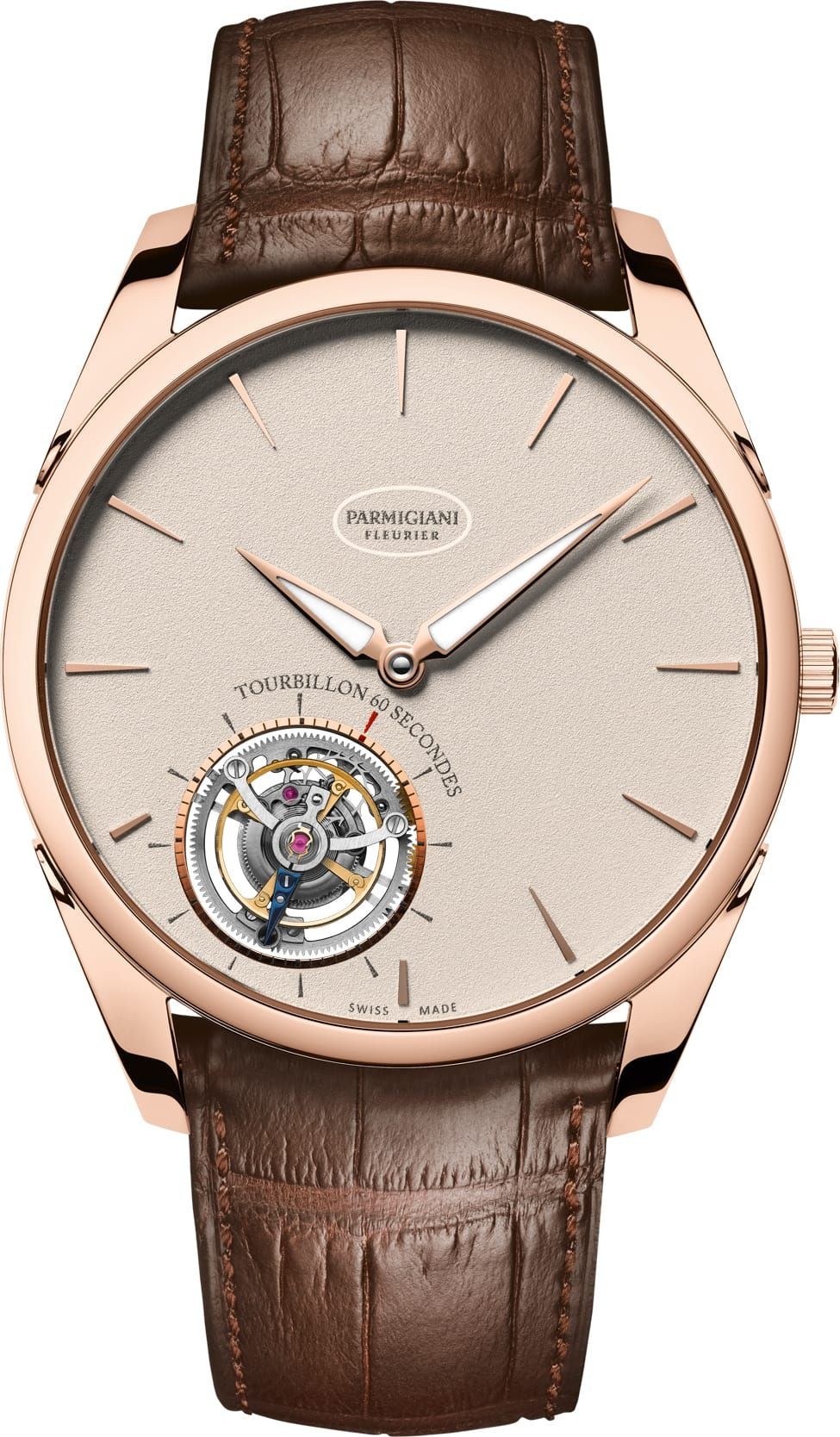 Tonda 1950 Tourbillon 40.20mm Automatic in Rose Gold on Brown Alligator Leather Strap with Grained White Dial