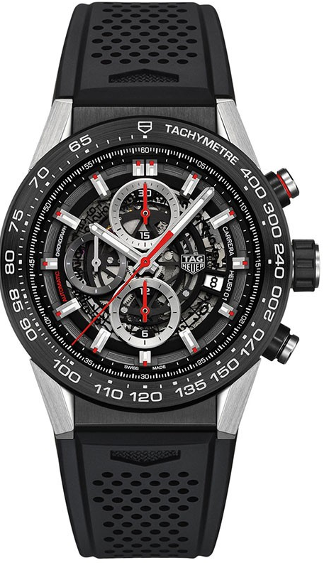 Carrera Caliber Heuer 01 in Steel with Black Titanium Bezel on Black Rubber Strap with Skeleton Dial