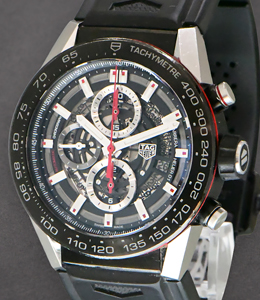 Carrera Caliber Heuer 01 in Steel with Black Titanium Bezel on Black Rubber Strap with Skeleton Dial