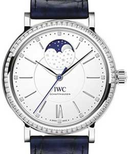 Portofino Moonphase 37mm in Steel with Diamond Bezel on Blue Alligator Strap with Silver Diamond Dial