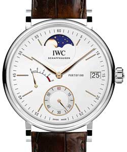 Portofino Hand-Wound Eight Days Moonphase 45mm in Steel on Brown Alligator Leather Strap with Silver Dial