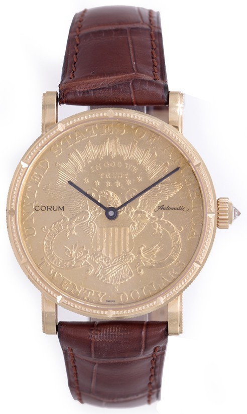 Artisans $20 Liberty Double Eagle Gold Coin in Yellow Gold on Brown Leather Strap with Gold Coin Dial