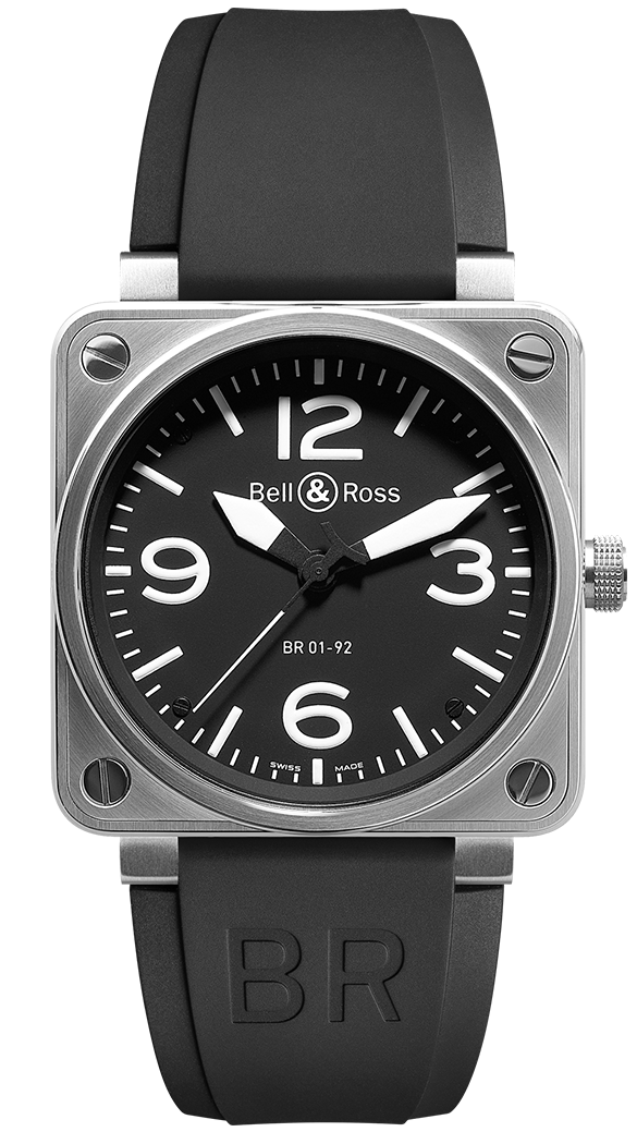 BR 01-92 Automatic 46mm in Steel On Black Rubber Strap with Black Dial