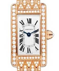 Tank Americaine in Rose Gold with Diamond Bezel  on Rose Gold Diamond Bracelet with Silver Roman Dial