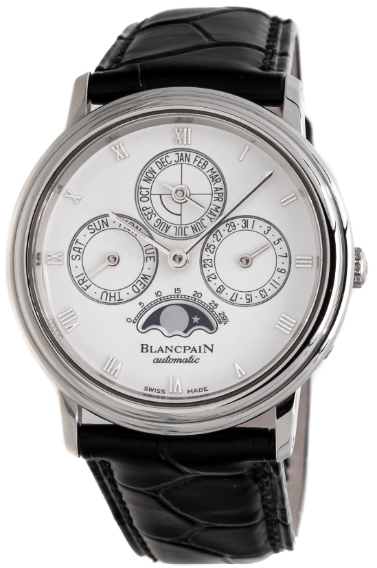 Villeret Perpetual Calendar Moon Phase in Platinum on Black Leather Strap with White Dial