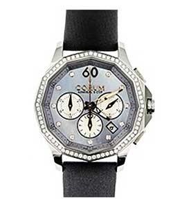 Admirals Cup Legend Chronograph in Steel with Diamond Bezel on Black Satin Strap with White Mother of Pearl Diamond Dial