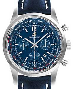Transocean Chronograph Unitime Pilot in Steel On Blue Calfskin Leather Strap with Blue Dial