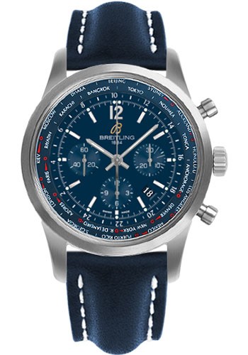 Transocean Chronograph Unitime Pilot in Steel on Blue Calfskin Leather Strap with Blue Dial