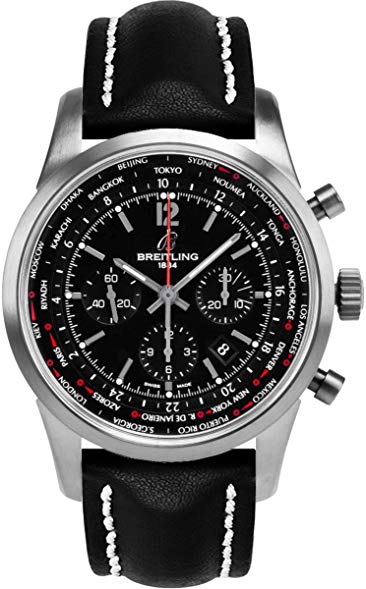 Transocean Chronograph Unitime Pilot in Steel On Black Calfskin Leather Strap with Black Dial