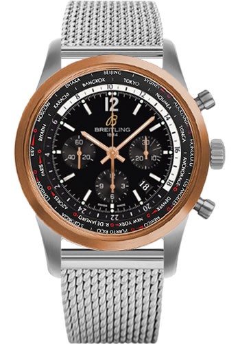 Transocean Chronograph Unitime Pilot in Steel with Rose Gold Bezel on Steel Bracelet with Black Dial