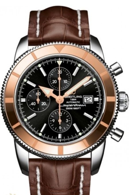 Superocean Heritage Chronograph 46mm in Steel with Rose Gold Bezel on Brown Crocodile Strap with Black Dial