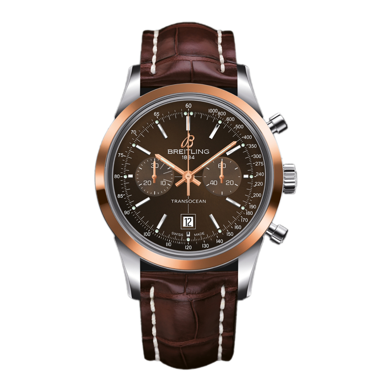 Transocean Chronograph 38 Automatic in Steel with Rose Gold Bezel on Brown Crocodile Strap with Brown Dial