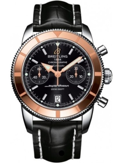 Superocean Chronographe Heritage in Steel with Rose Gold Bezel on Black Crocodile Leather Strap with Black Dial