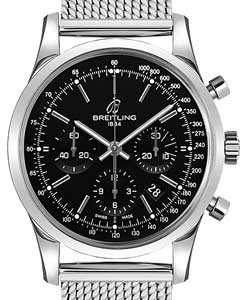 Transocean Chronograph 43mm Automatic in Steel on Steel Mesh Bracelet with Black Dial and Black Subdials