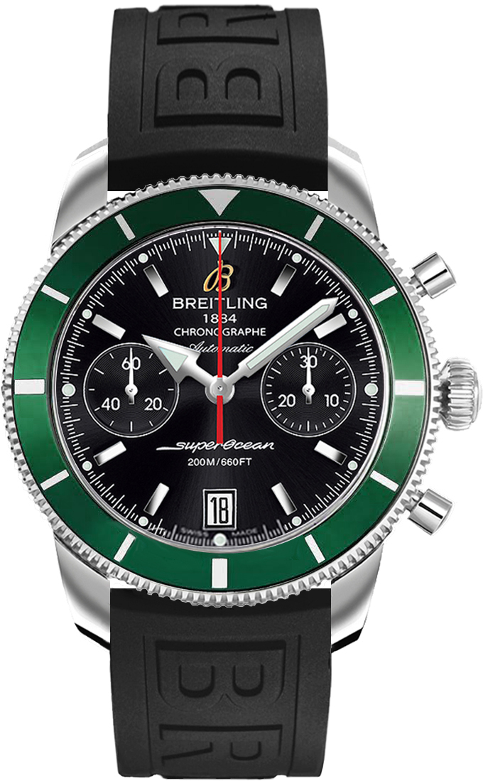 Superocean Chronographe Heritage in Steel with Green Bezel on Black Rubber Strap with Black Dial