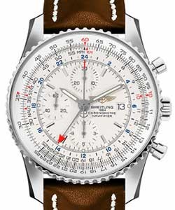 Navitimer World Chronograph Automatic in Steel on Brown Calfskin Leather Strap with Silver Dial