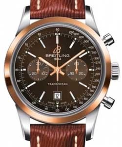 Transocean Chronograph 38 Automatic in Steel with Rose Gold Bezel on Lizard Strap with Brown Dial