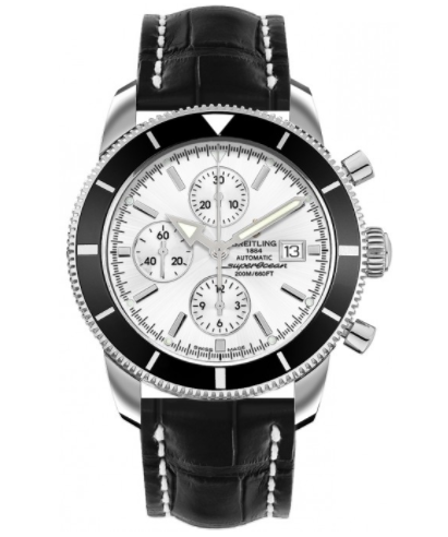 Superocean Chronographe Heritage in Steel with Black Bezel On Black Crocodile Strap with Silver Dial
