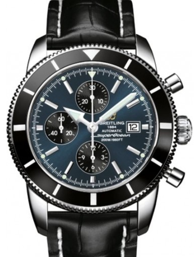 Superocean Chronographe Heritage in Steel with Black Bezel On Black Crocodile Leather Strap with Blue Dial