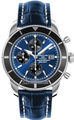 Superocean Chronographe Heritage in Steel with Black Bezel On Blue Crocodile Leather Strap with Blue Dial