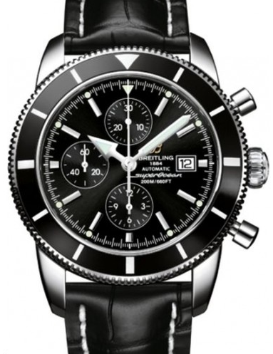 Superocean Heritage Chronograph in Steel with Black Bezel On Black Crocodile Leather Strap with Black Dial