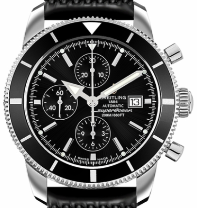 Superocean Heritage Chronograph in Steel with Black Bezel on Black Rubber Strap with Black Dial