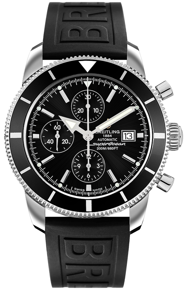 Superocean Heritage Chronograph in Steel with Black Bezel on Black Rubber Strap with Black Dial