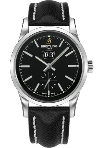 Transocean 38mm in Steel on Black Sahara Calfskin Leather Strap with Black Dial