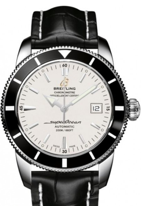 Superocean Heritage 42 Automatic in Steel with Black Bezel on Black Crocodile Leather Strap with Silver Dial