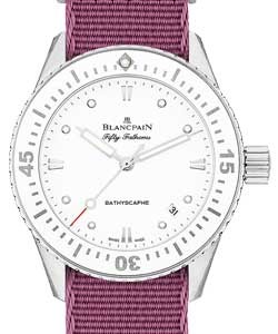 Fifty Fathoms Bathyscaphe in Steel on Violet Purple Fabric Strap with White Dial