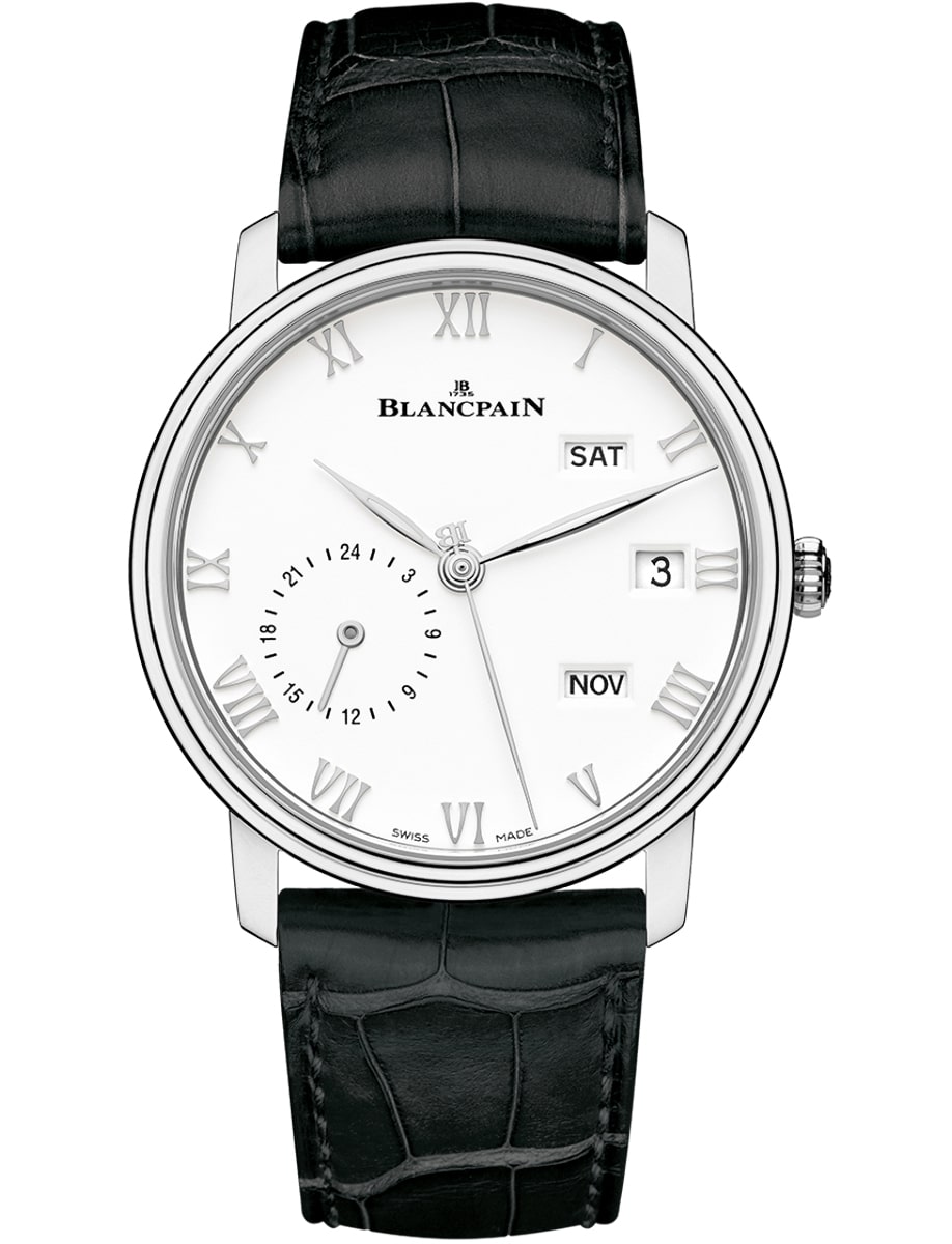 Villeret Quantieme Annual GMT in Steel on Black Alligator Leather Strap with White Dial