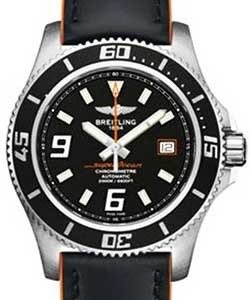 Superocean 44 Automatic in Steel on Orange Inlays and Black Leather Strap with Black Dial