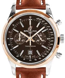 Transocean Chronograph 38mm in Steel with Rose Gold Bezel On Gold Calfskin Leather Strap with Bronze Dial