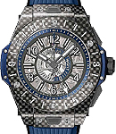 Big Bang Unico GMT 45mm in Carbon Fiber on Black and Blue Structured Lined Rubber Strap with Blue and Mat Black Skeleton Dial
