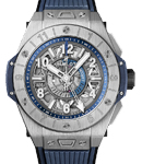 Big Bang Unico GMT 45mm in Titanium on Black and Blue Structured Lined Rubber Strap with Blue and Mat Anthracite Grey Skeleton Dial