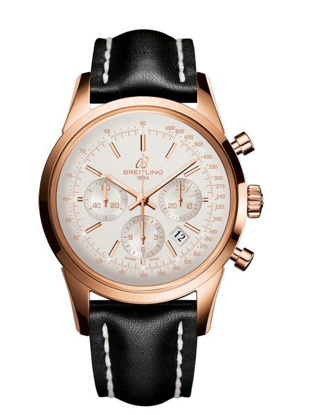 Transocean Chronograph in Rose Gold on Black Calfskin Leather Strap with Silver Dial