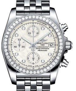 Chronomat Chronograph in Steel with Diamond Bezel on Steel Bracelet with Mother of Pearl Dial