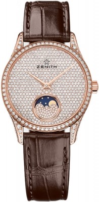 Elite Lady Ultra Thin Moonphase 33mm in Rose Gold with Diamond Bezel on Brown Alligator Leather Strap with Pave Diamonds Dial